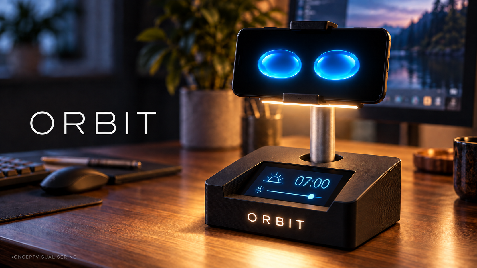 Konceptbild av ORBIT vid skrivbordet med brynlösa blå ögon och varmt arbetsljus